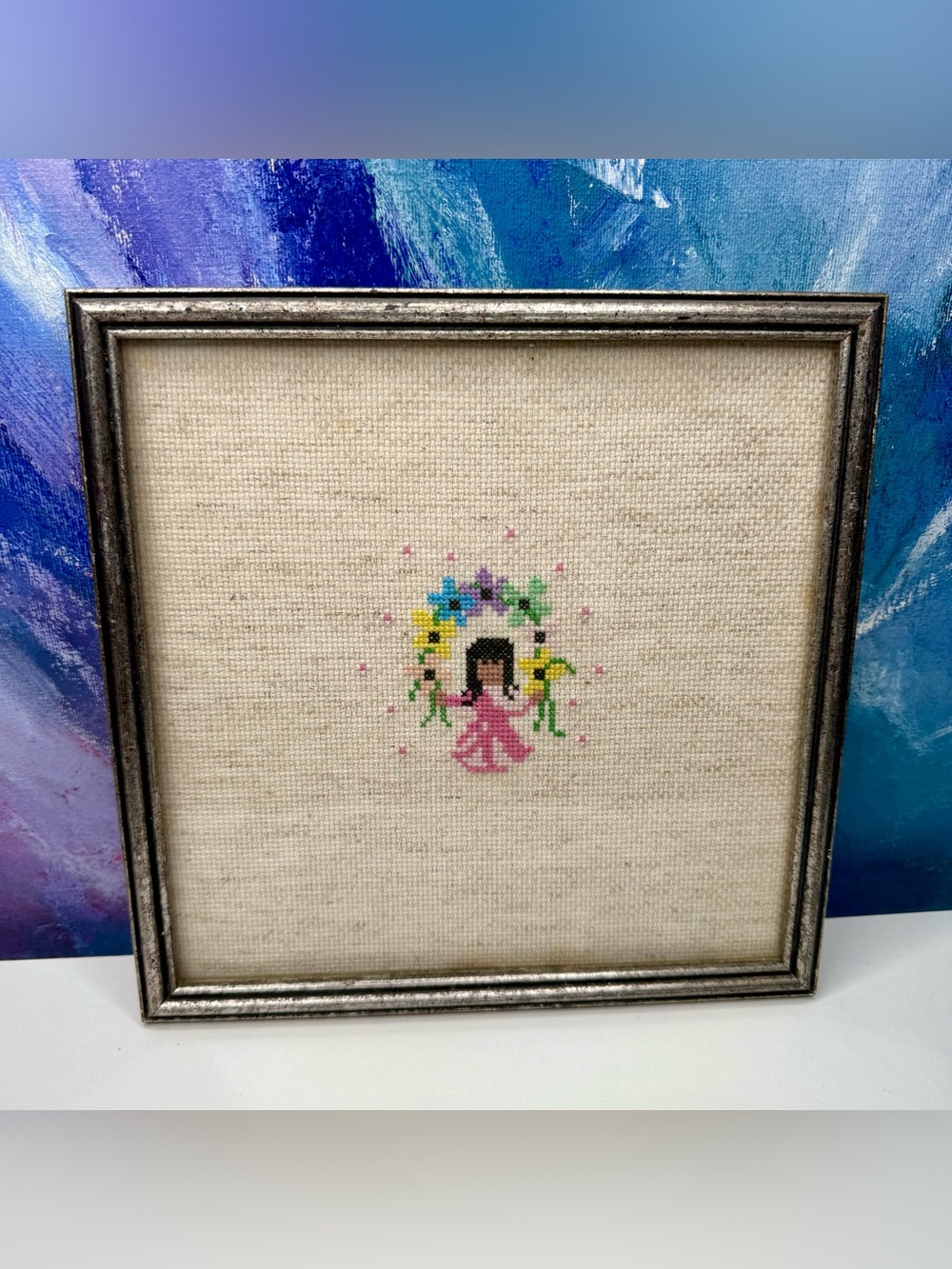 DeGrazia Style Little Girl with Flowers Cross Stitch Framed Vintage Original Art